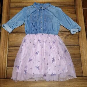 Pink Violet Girls Dress Denim Top Tule Skirt w/ Glitter Unicorns - Size 10